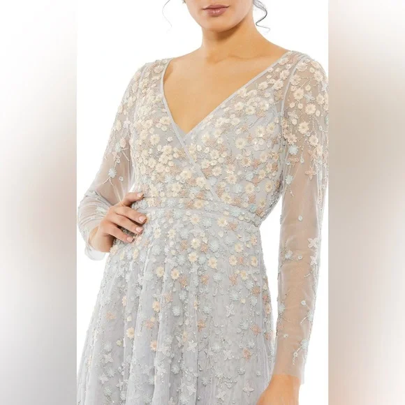 Mac Duggal size 16 Embellished Wrap Over Illusion Long Sleeve A Line Gown Gray - Picture 3 of 16